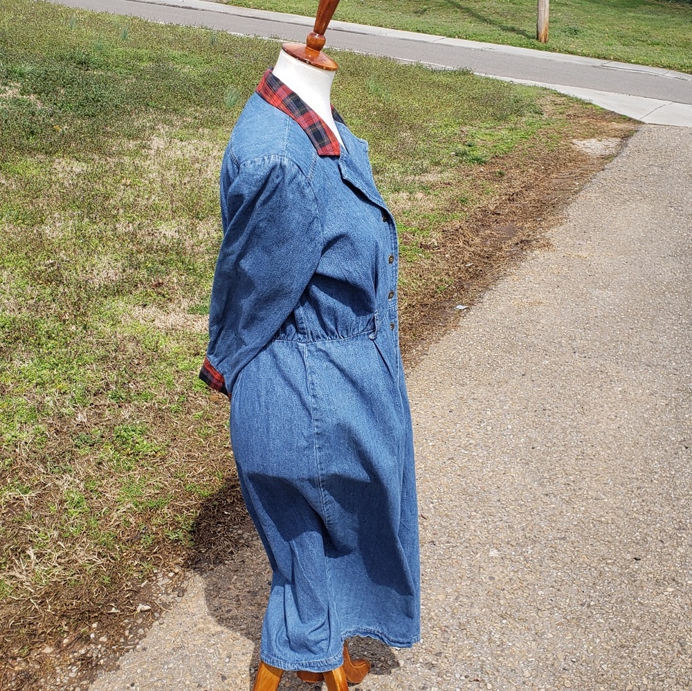 SOLD Vintage Plaid and Blue Jean Long Sleeve Dress - Picture 7 of 9